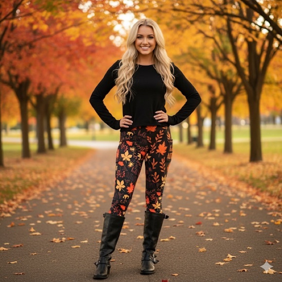 OS/TC/TC2 NEW Womens Thanksgiving Leggings w/Pockets Luxury Fall Leaf Yoga Pants - Picture 4 of 14